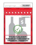 Red security seal sticker featuring an illustration of a bottle, a dollar sign and a large green check mark. Text on the sticker reads 'DO NOT OPEN UNTIL FINAL DESTINATION' in English, Spanish, and French. There's also a barcode and a unique identifier 'CAN0000001' on the top and middle of the sticker.